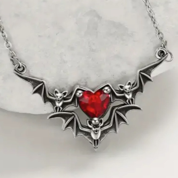 Gothic Punk Style Bat Wing Heart Pendant Necklace with Rhinestone Accents - Picture 5 of 6